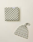 Image of Solly Baby's Sage Chequer Swaddle and Hat Set.