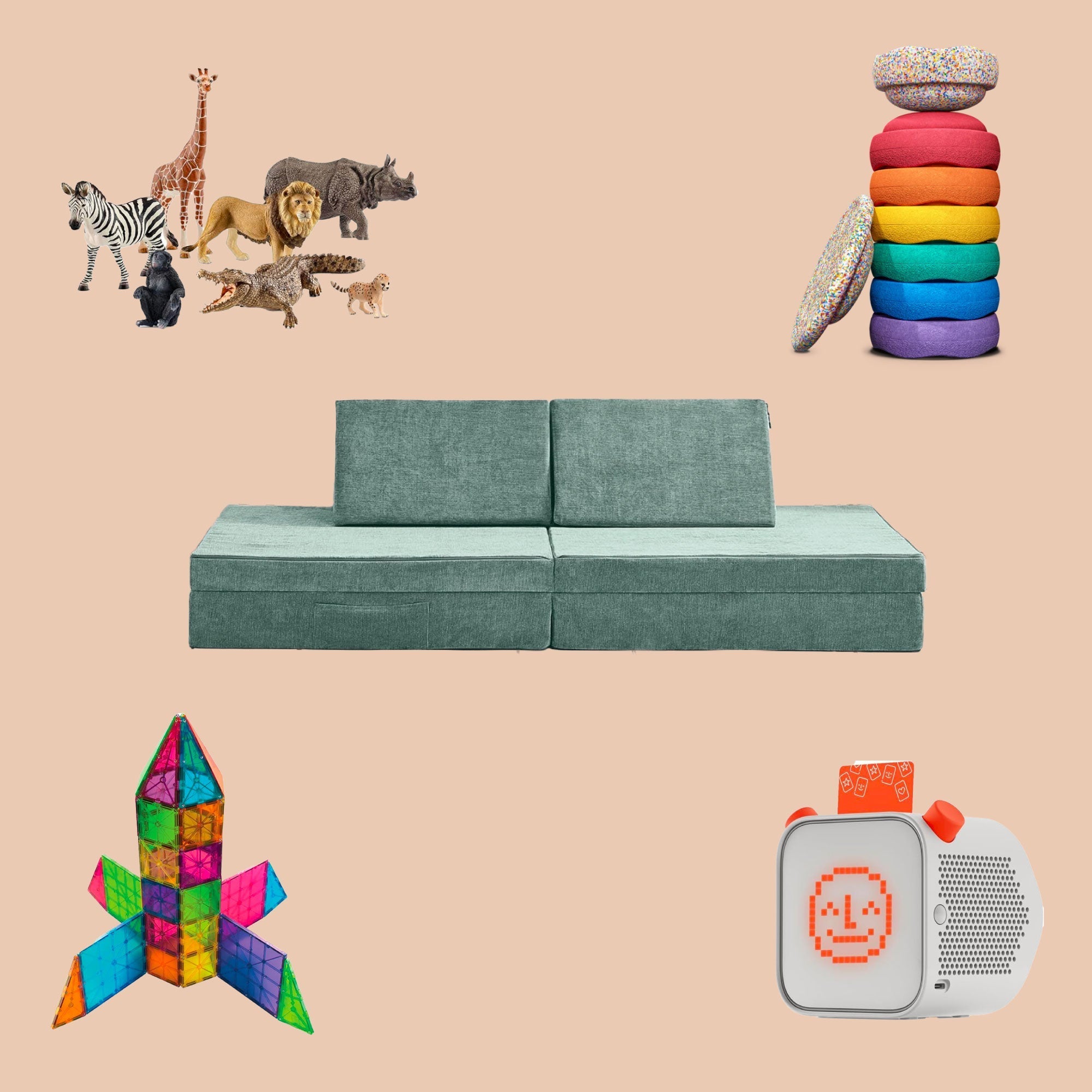 Isolated images of toys (including a music player, stepping stones, a play couch, and toy animals) on a pale orange background