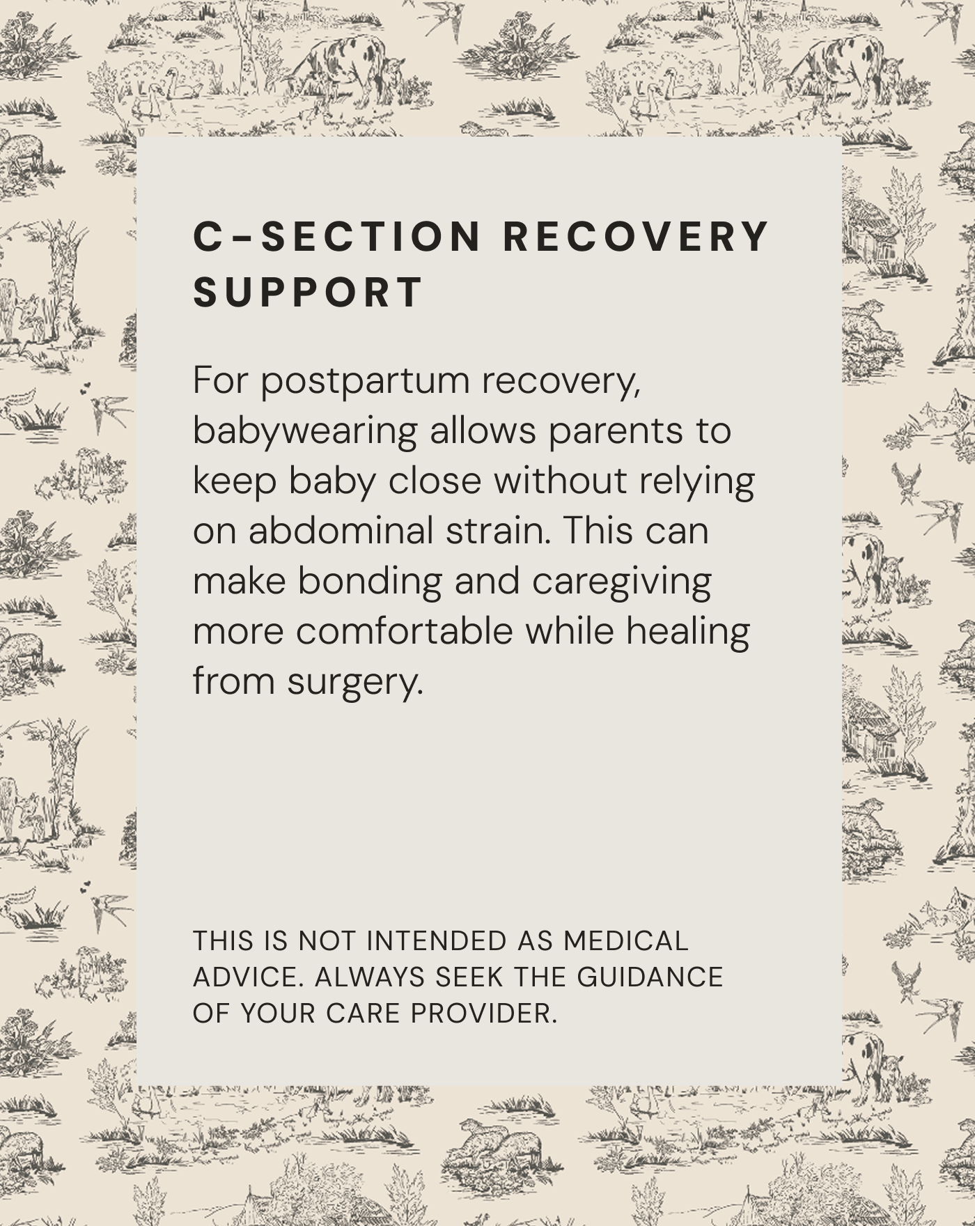 Square beige card with black text about c-section recovery support, set on cream toile patterned background with farm animals.
