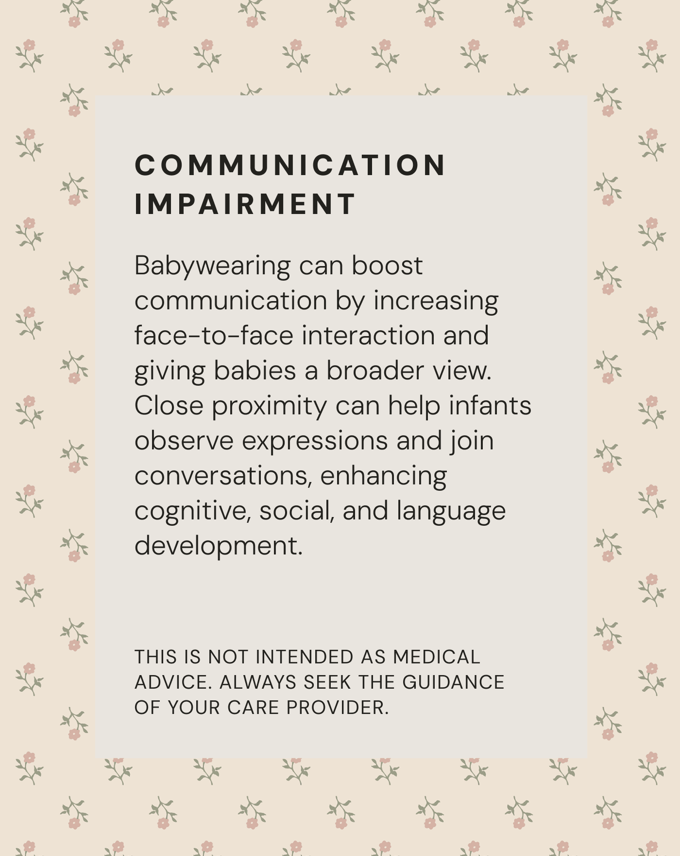 Text on beige floral background explaining how babywearing boosts communication by increasing face-to-face interaction with infants.