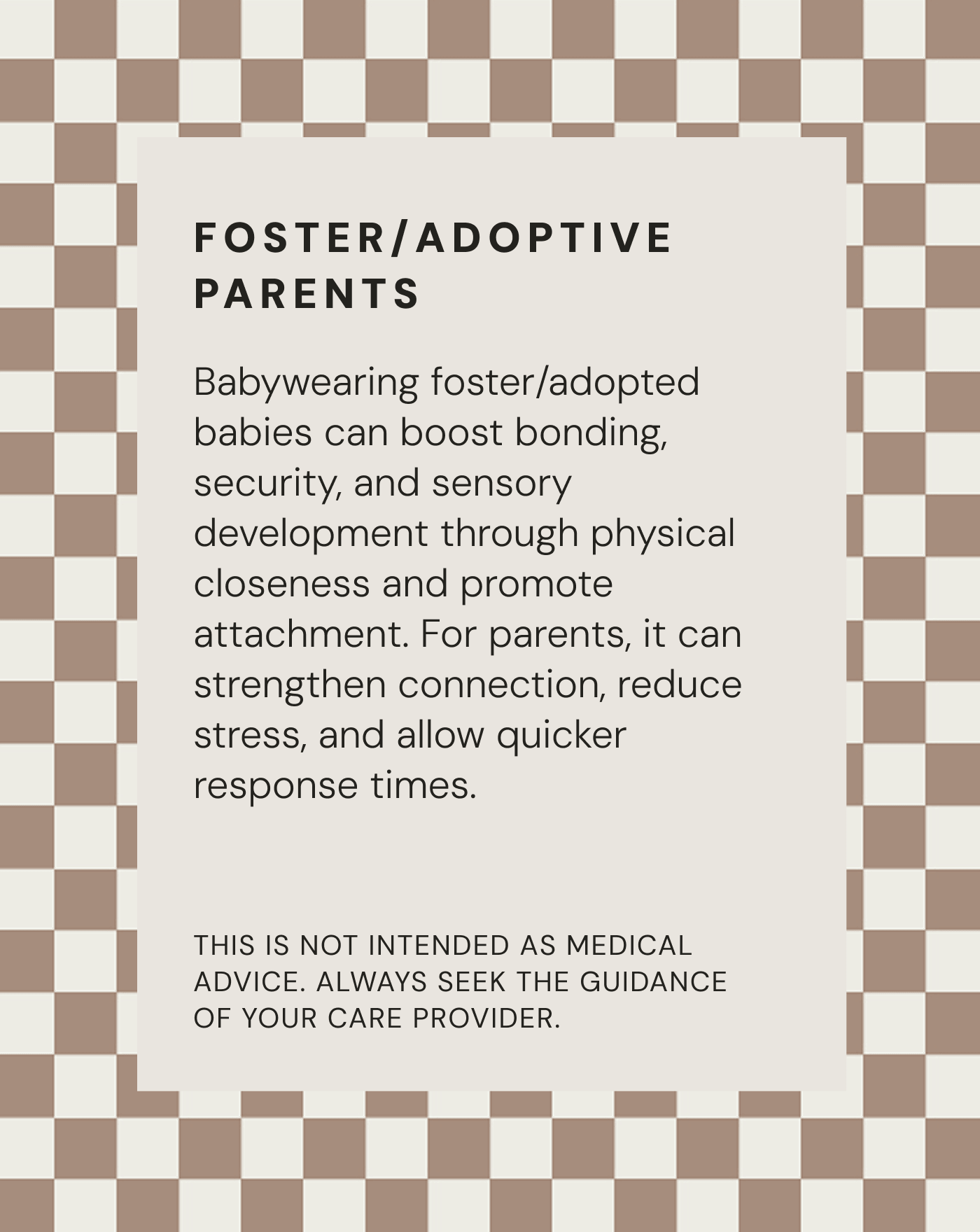 Text about babywearing benefits for foster/adoptive parents on a beige and brown checkered background.