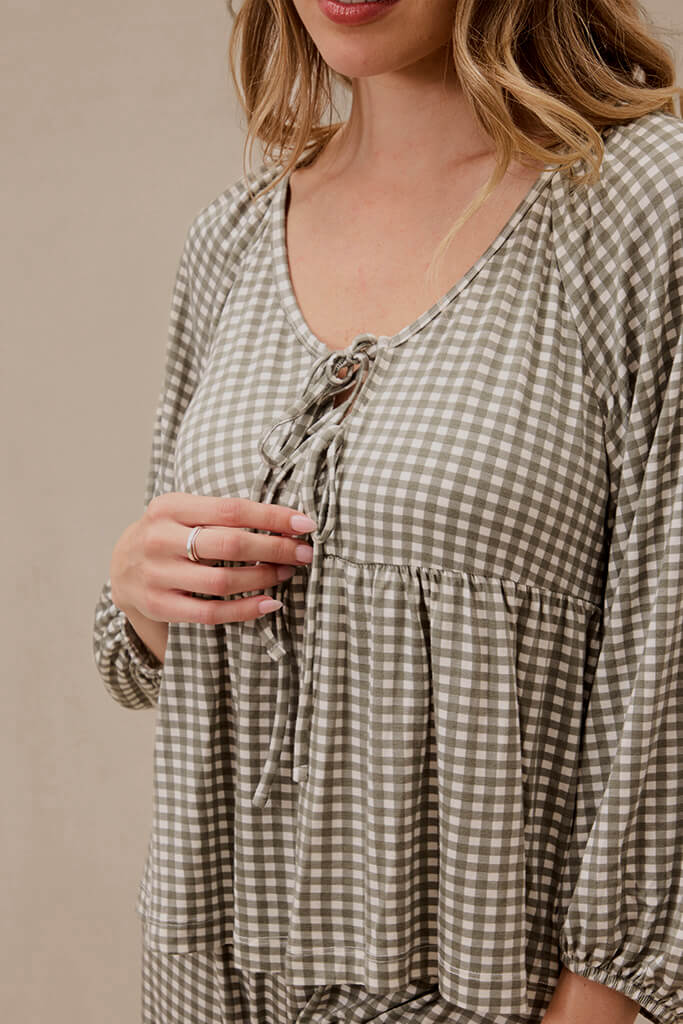 Green Gingham Tie-Top Long-Sleeve Women’s Sleep Set