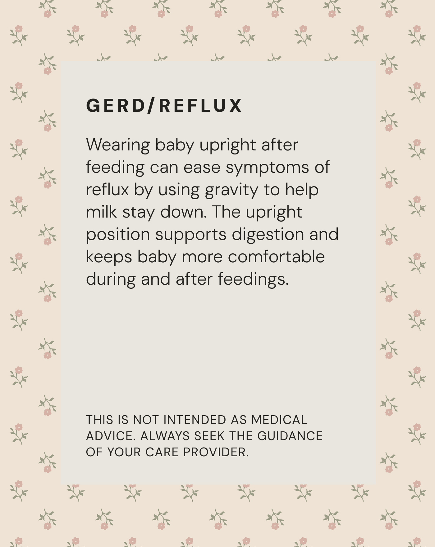 Text on beige floral background about easing baby reflux symptoms by keeping baby upright after feeding using gravity.