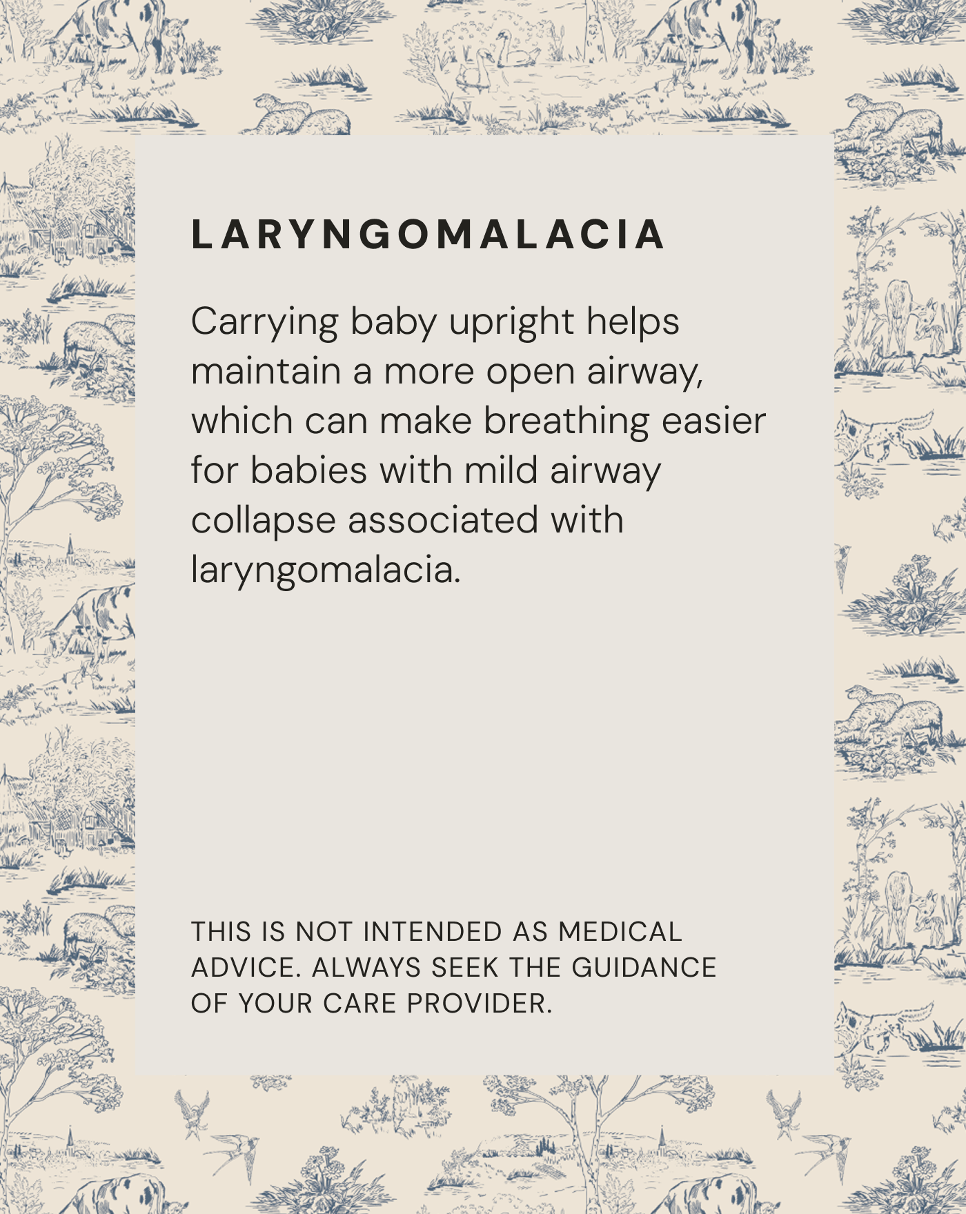 Laryngomalacia informational card with toile blue farm animal and landscape pattern background.