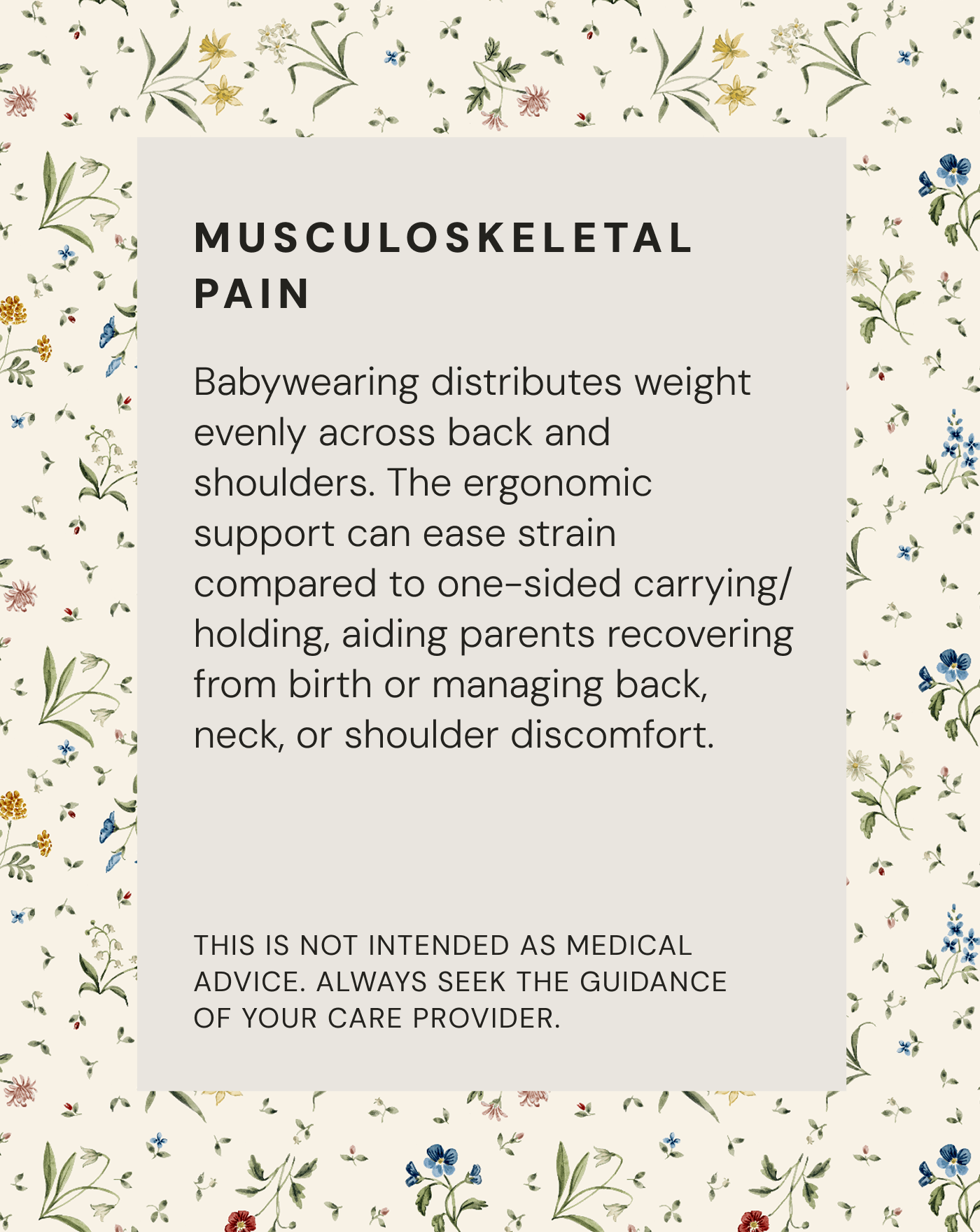 Text on beige floral background about musculoskeletal pain relief through ergonomic babywearing support for parents.