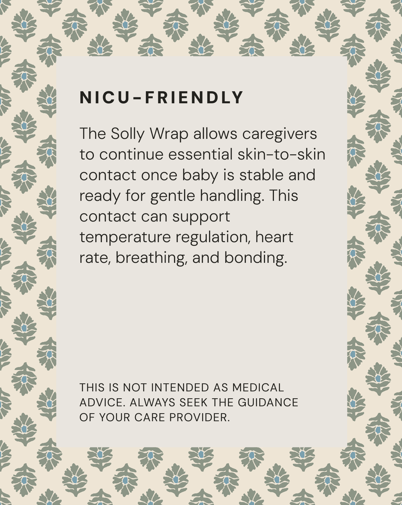 NICU-friendly Solly Wrap benefits for skin-to-skin contact, temperature regulation, heart rate, breathing, and bonding.