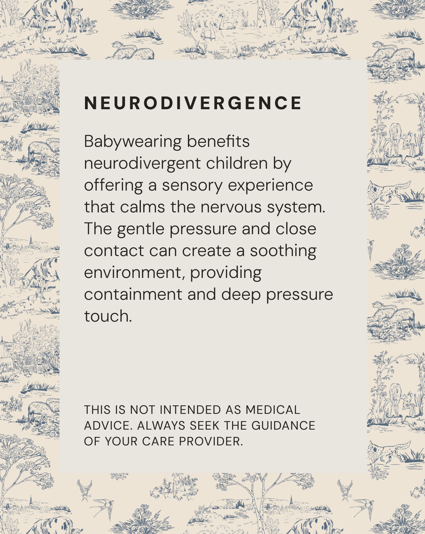 Text about babywearing benefits for neurodivergent children with a disclaimer, on beige background with blue animal pattern.