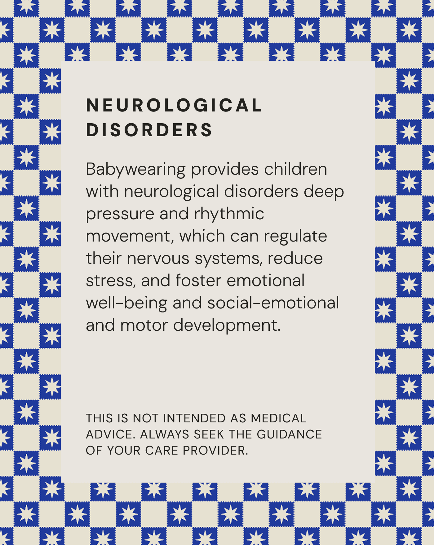 Text about neurological disorders benefits of babywearing on beige background with blue and white star patterned border.
