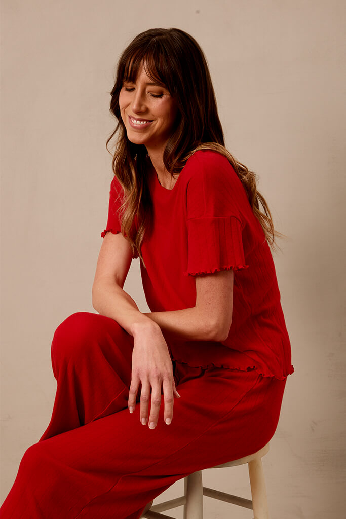 Red Pointelle Short-Sleeve Women’s Sleep Set