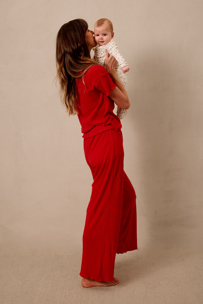 Red Pointelle Short-Sleeve Women’s Sleep Set
