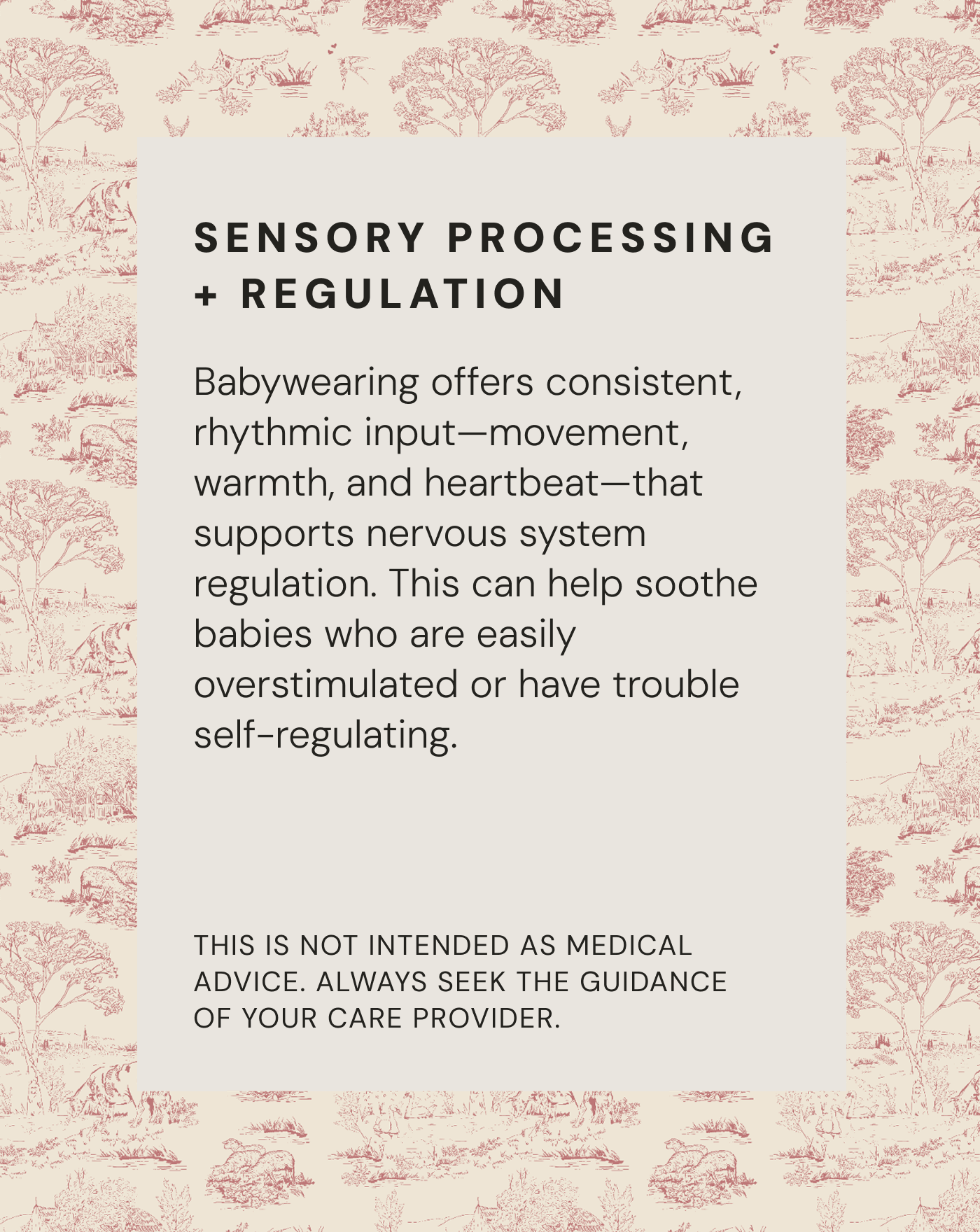 Text explaining sensory processing and regulation benefits of babywearing on a beige patterned background.