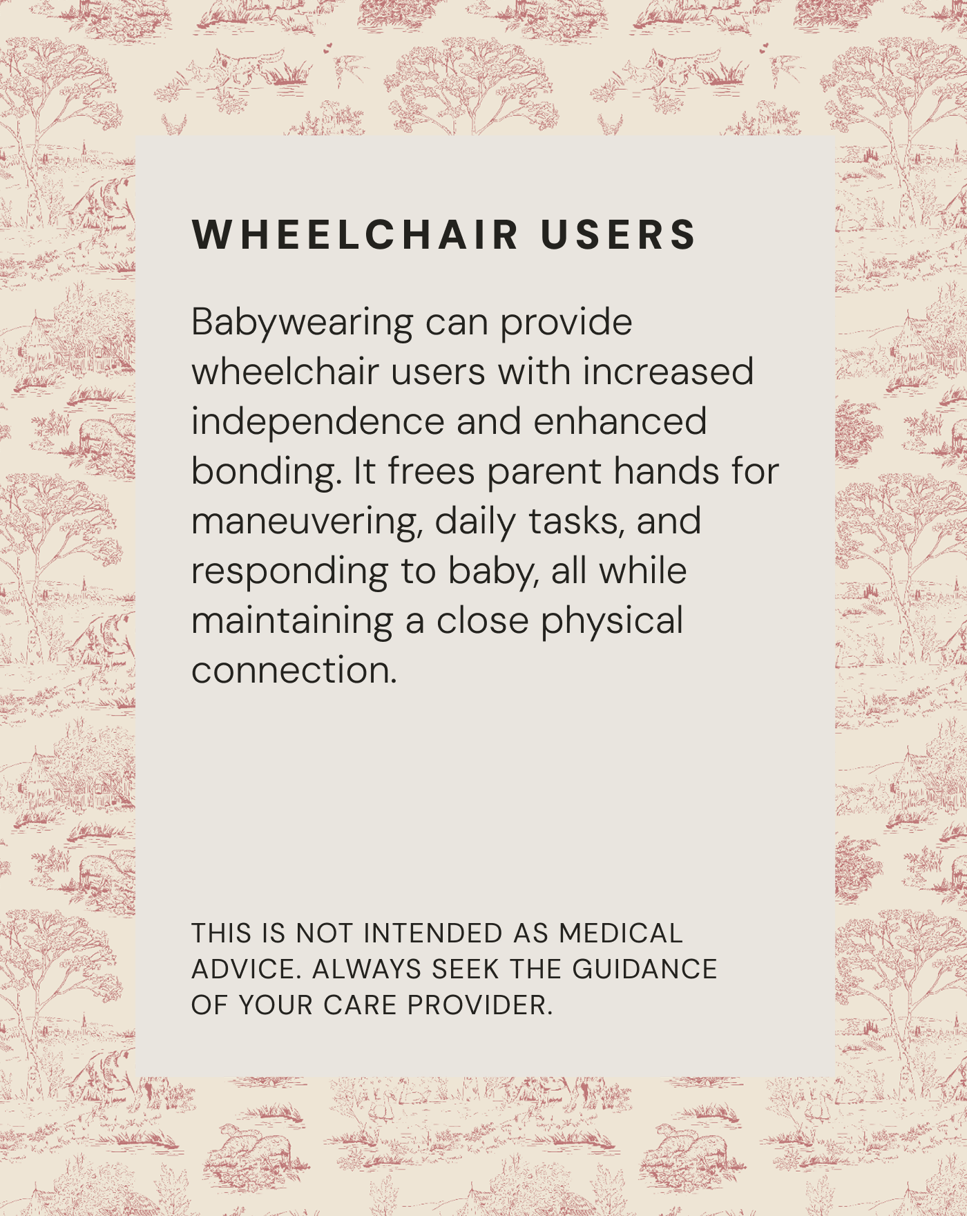 Informational text on beige background with red toile pattern about babywearing benefits for wheelchair users.