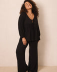 Black Tie-Top Long-Sleeve Women’s Sleep Set