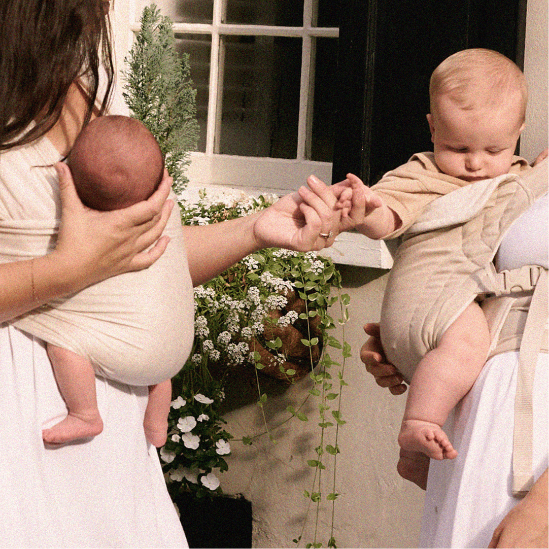 Two beige baby carriers holding babies, with adults holding their hands near a window and flowering plants.