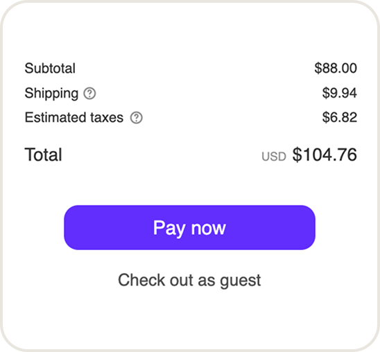 Subtotal $88.00, shipping $9.94, estimated taxes $6.82, total $104.76, purple Pay now button, checkout as guest option.