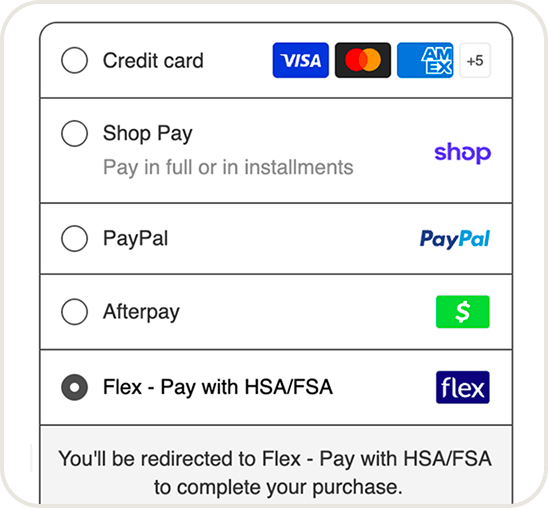Payment options listed: Credit card, Shop Pay, PayPal, Afterpay, Flex - Pay with HSA/FSA selected.