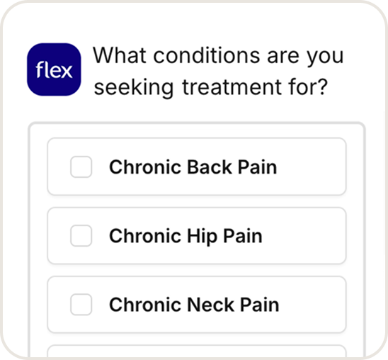 Checklist with options for chronic back pain, hip pain, and neck pain under Flex logo and question text.