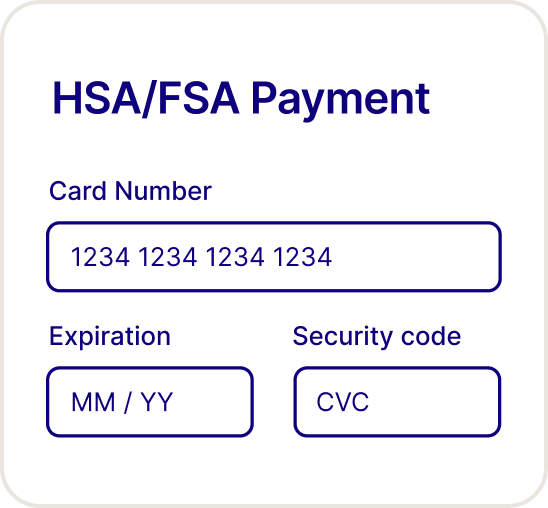 HSA/FSA payment form with fields for card number, expiration date, and security code in blue text on white background.