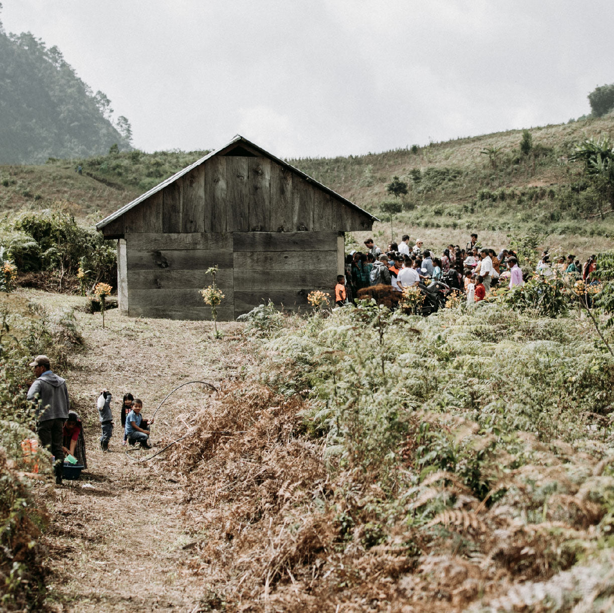 Wooden rural house with a group of people gathered beside it and children playing in a grassy, hilly landscape.
