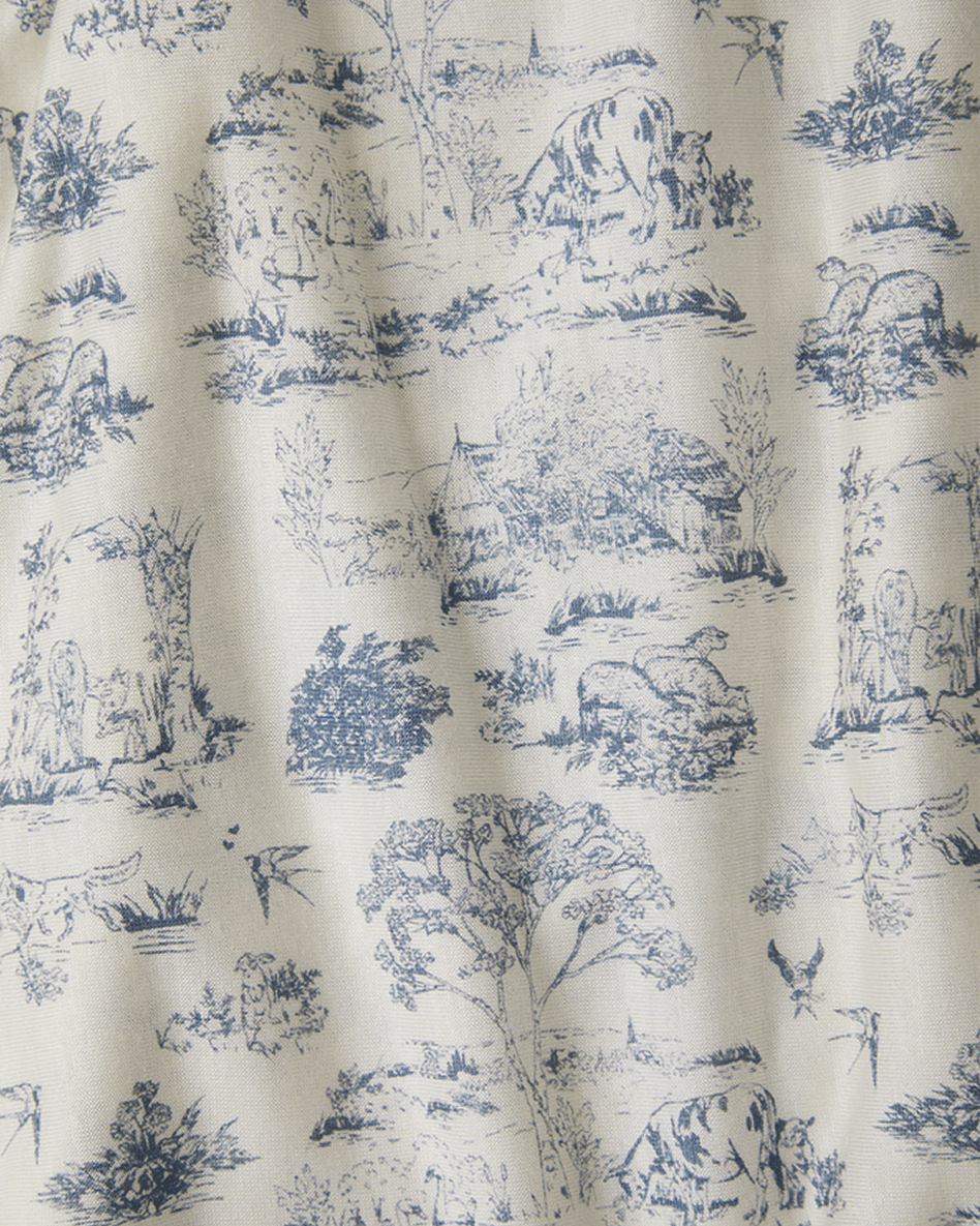 Close up of bleu toile print fabric