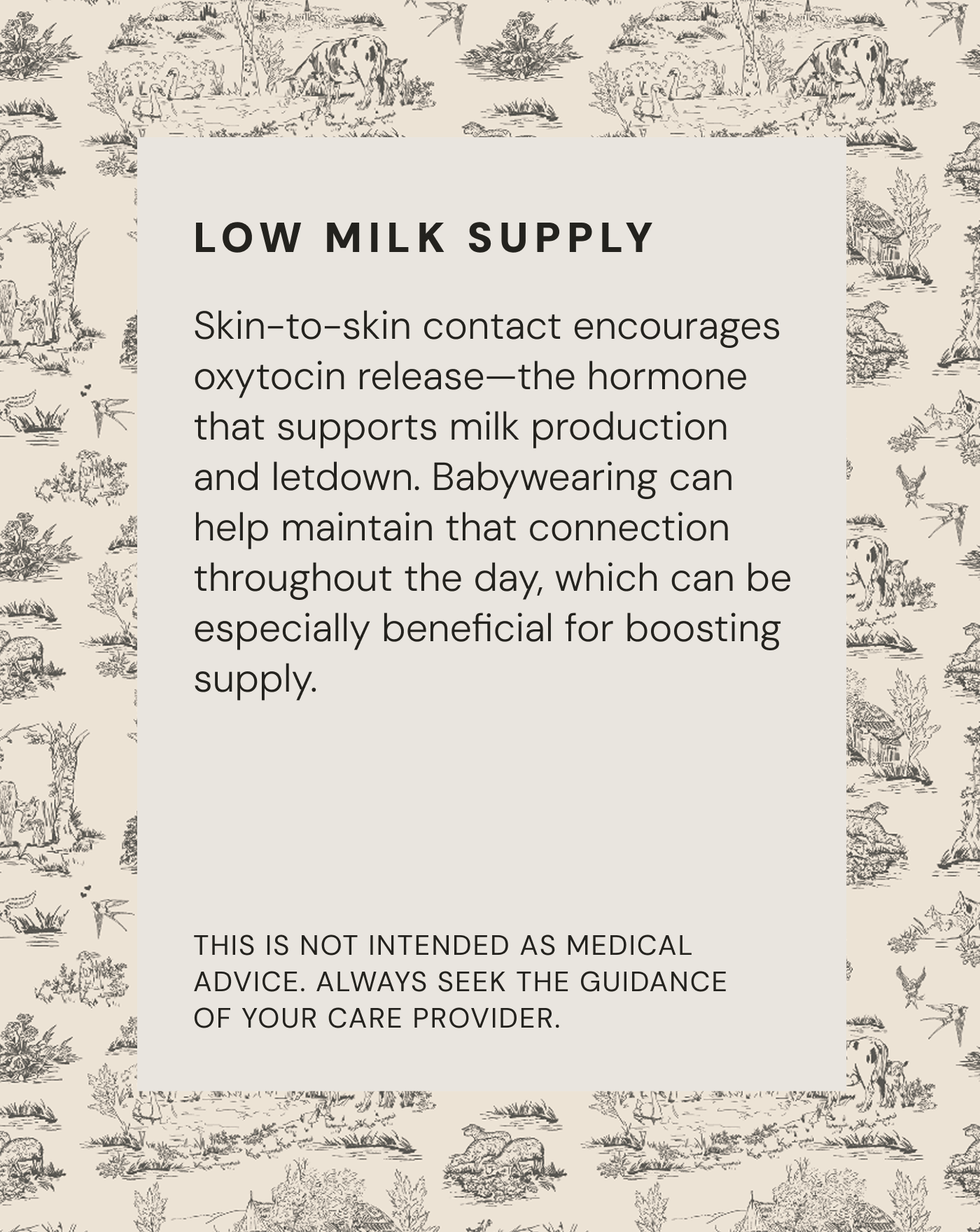 Text card titled "Low Milk Supply" explaining skin-to-skin contact and babywearing benefits with black toile pattern background.