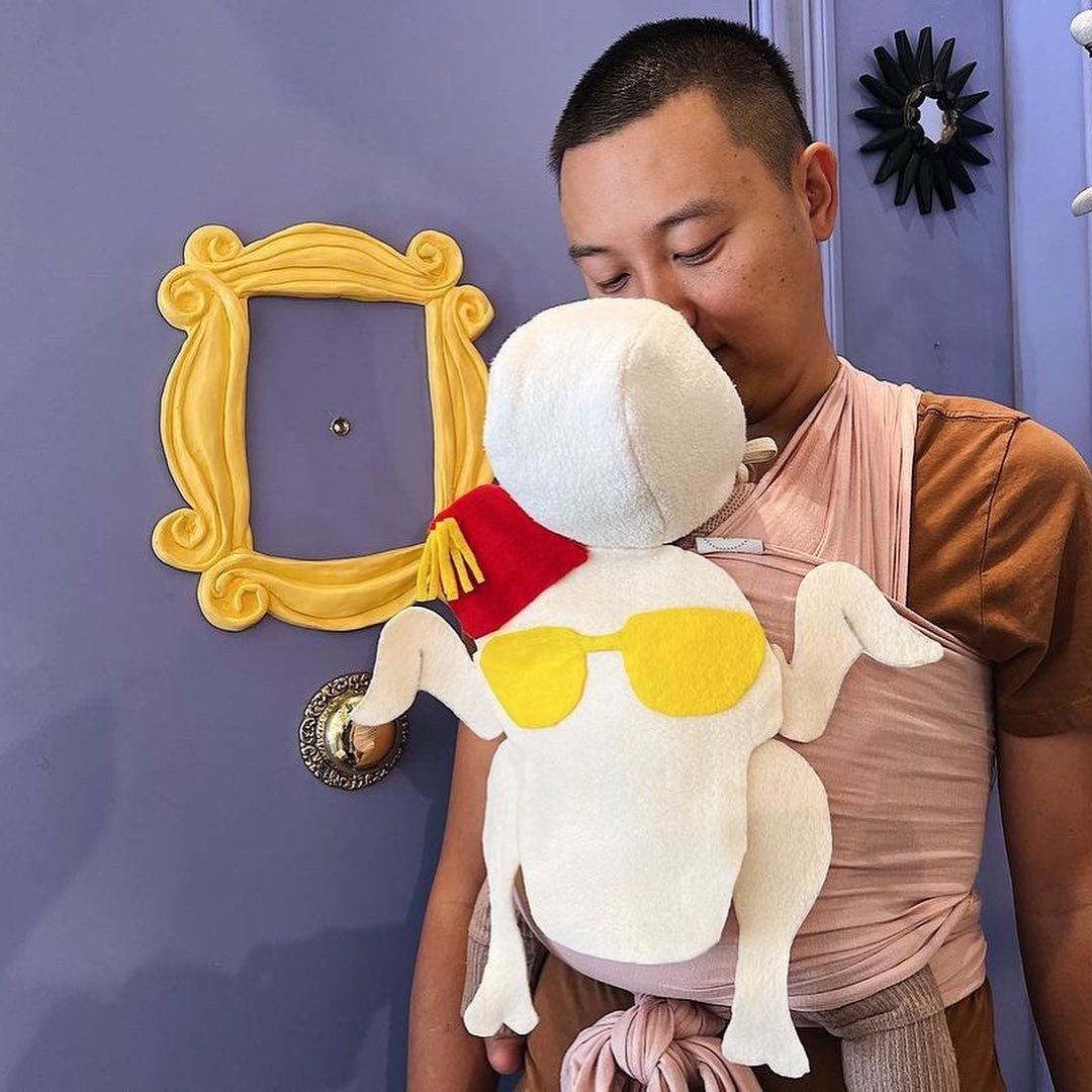 White plush baby carrier cover shaped like a turkey with yellow sunglasses and a red hat on a man wearing a brown shirt.