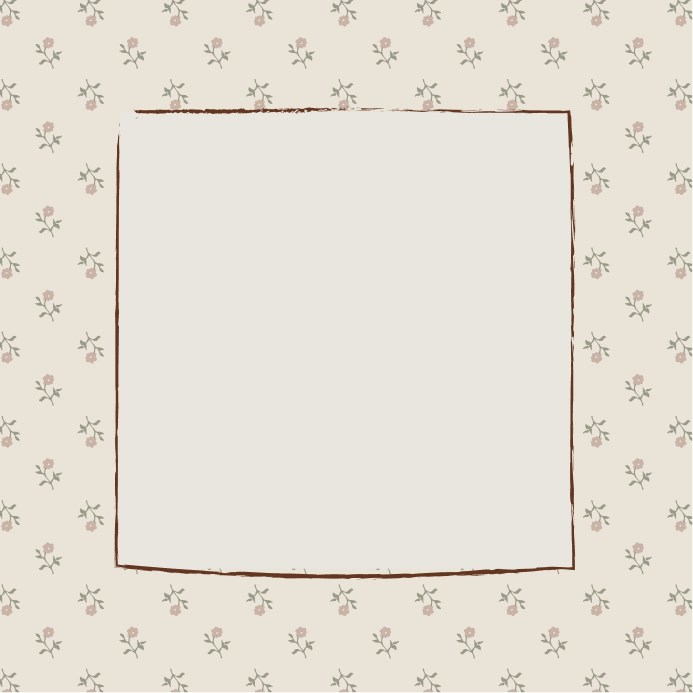 Beige fabric with small pink floral pattern and a hand-drawn brown square frame in the center.