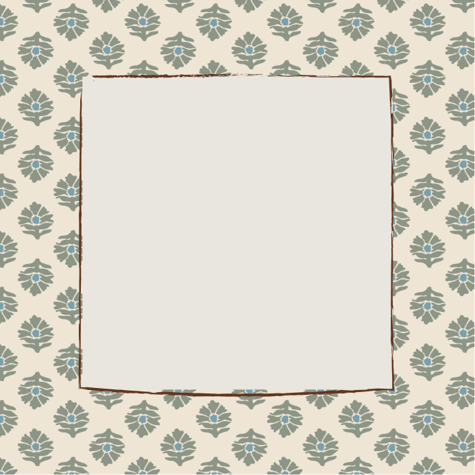Beige square cloth with a brown border on a cream background with green and blue floral patterns.