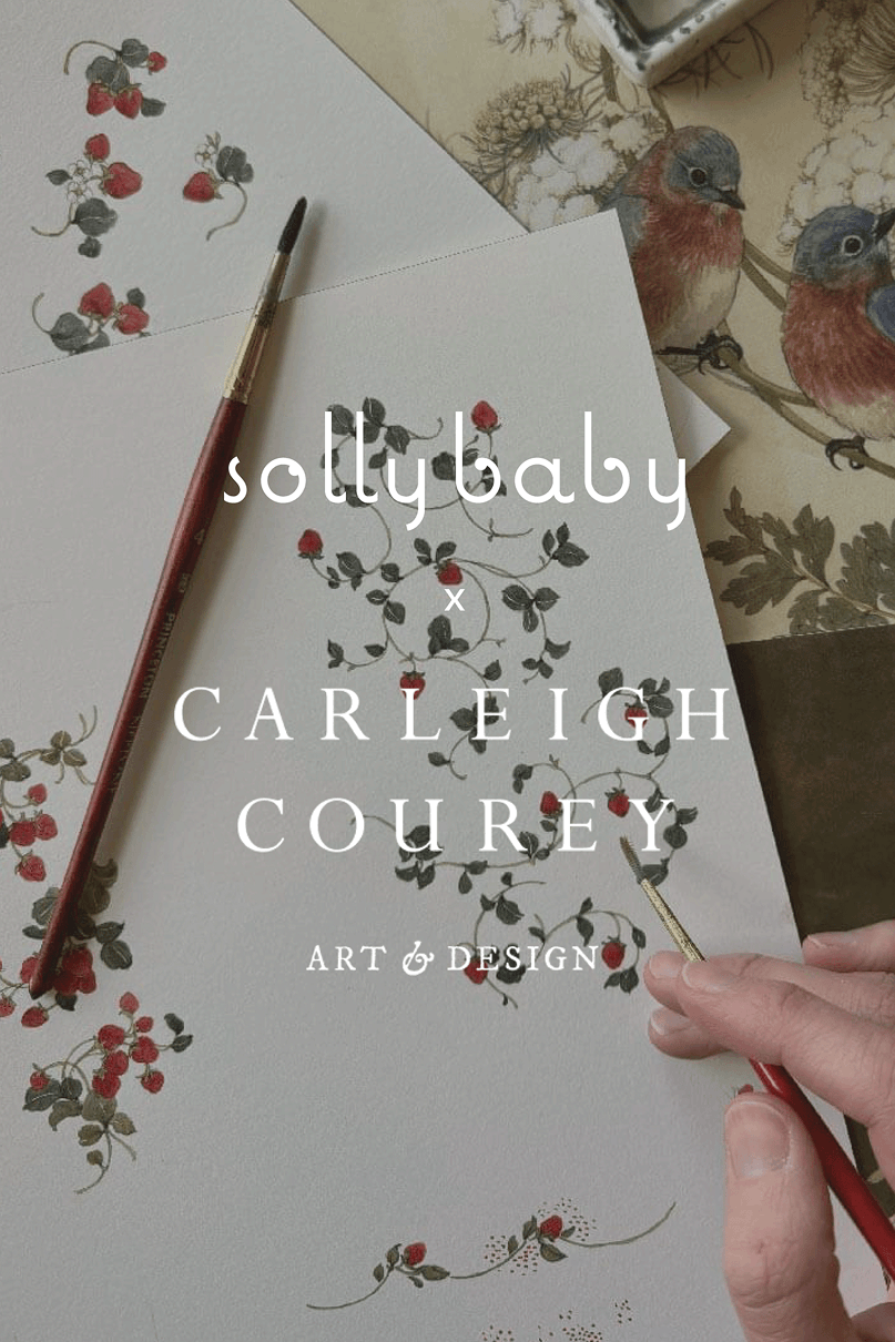 Artistic illustration with floral patterns and a brush, featuring the brand 'sollybaby' and 'Carleigh Courey'.