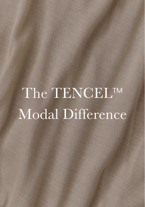 Beige fabric background with text "The TENCEL™ Modal Difference" printed in white letters.