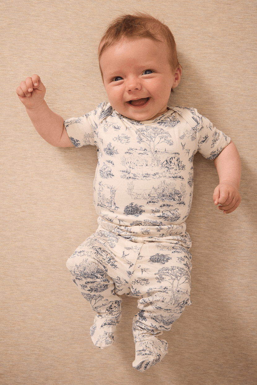 Smiling baby wearing cream romper with blue pastoral scene print, lying on beige textured fabric background