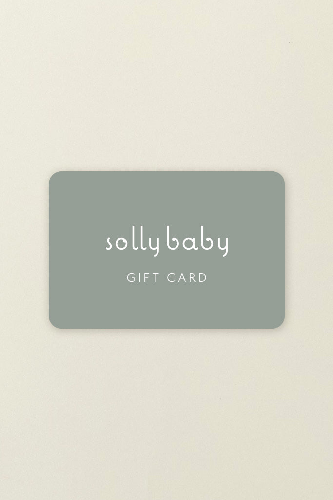 Gray Solly Baby gift card with white lowercase text on a plain light background