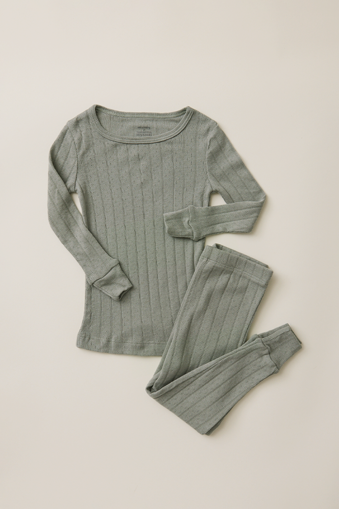 Mist pointelle ribbed pajama set on a beige background