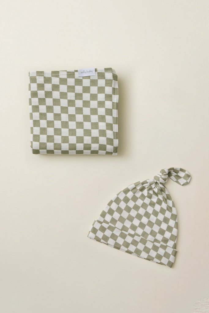 Image of Solly Baby's Sage Chequer Swaddle and Hat Set.