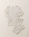 The Toddler Sleep Set in a dainty, strawberry vine print, featuring a long-sleeve top and matching leggings laid flat on a neutral background.