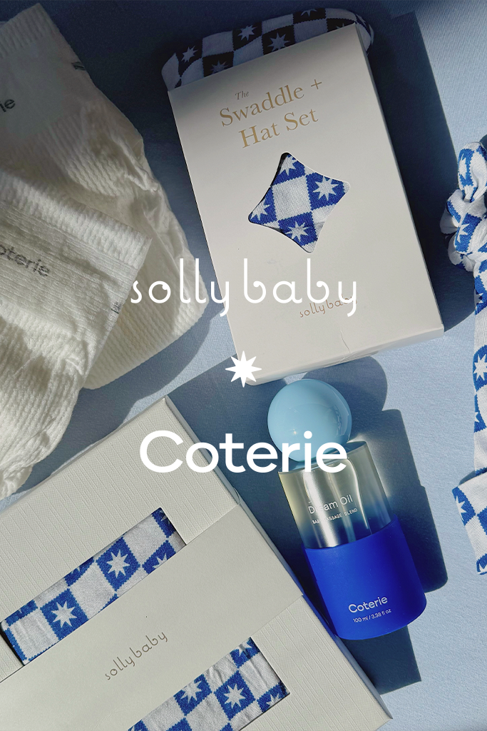 Coterie and Solly Baby baby products on a blue background with branded text overlay
