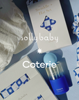 Coterie and Solly Baby baby products on a blue background with branded text overlay
