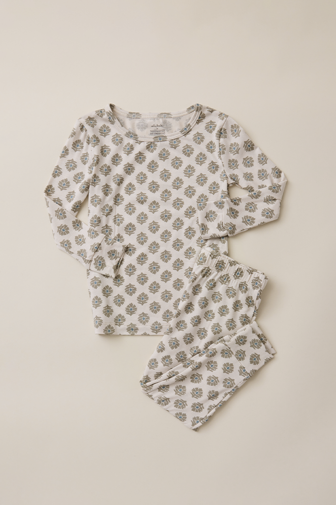 Floral patterned pajama set on a beige background